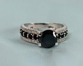 Sterling Silver Black Diamond Engagement Ring: Micro Pave Eternity Band