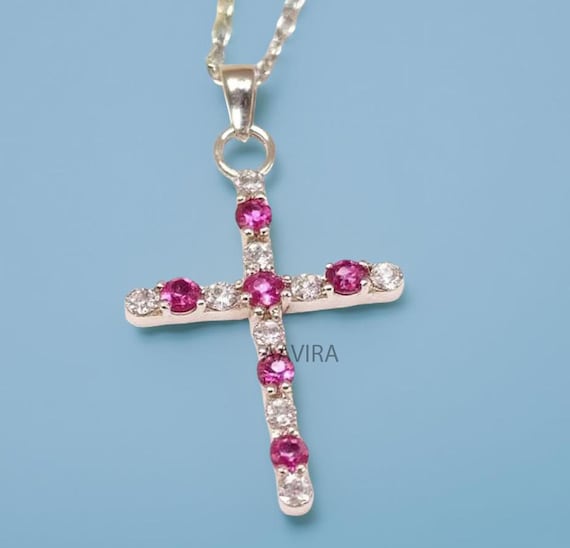 Ruby Cross Necklace: Sterling Silver Religious Pendant