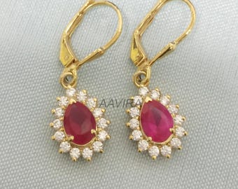 Teardrop Ruby Dangle Earrings, Dangle Earring, 14K Yellow Gold Earrings, July Birthstone Earrings, Gifts For Her, Red Gemstone Ruby Earrings