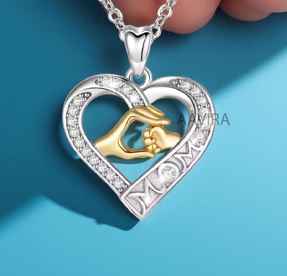 Sterling Silver Mother Child Heart Necklace: Diamond Mom Pendant