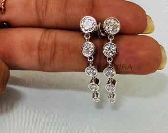 Women Round Cut Diamond Dangle Earrings, Bezel Set Dangle Earrings, 14K Yellow Gold Plated, Five Stone Earrings, Silver Long Dangle Earrings