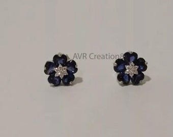 Sapphire Flower Stud Earrings: Moissanite Sterling Silver Dainty Earrings