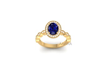 14k Gold Sapphire Halo Ring: September Birthstone, Diamond Accent