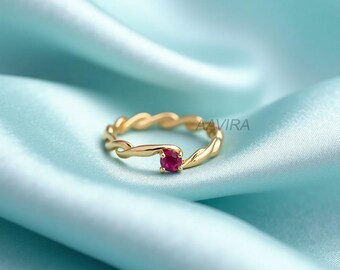 Dainty 14K Gold Ruby Ring: Twisted Sterling Silver Band