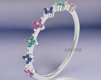 Multi Gemstone Sterling Silver Ring: Sapphire, Ruby, Emerald Stackable Band