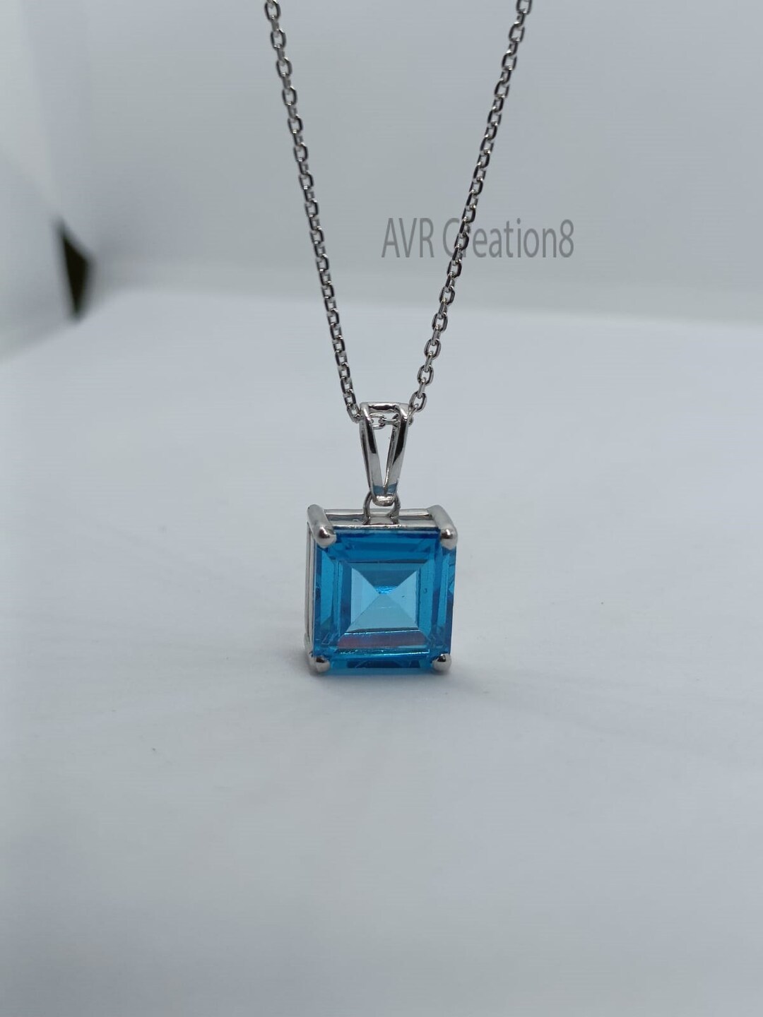Blue Topaz Emerald Cut Minimalist Gemstone Pendant Necklace, 925