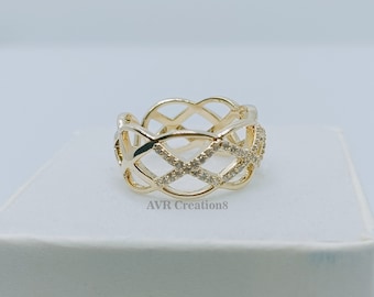 Crossover Moissanite Ring: 14K Yellow Gold Plated Sterling Silver