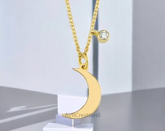 Crescent Moon Shape Single Stone Dainty Diamond Pendant Necklace, 14k Yellow Gold Plated, Daily Wear Women's Pendant, Mothers Day Sale