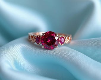 Three Stone Ruby 14K Rose Gold Ring, July Birthstone, Elegant Gemstone Ring