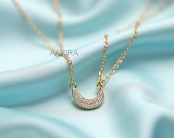Pave CZ Crescent Moon Necklace: Sterling Silver Celestial Jewelry