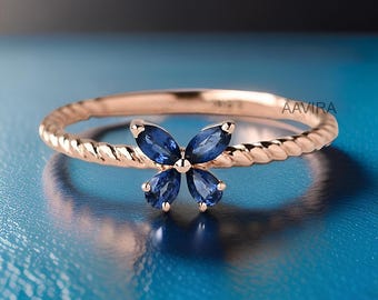 Blue Sapphire Butterfly Ring: Pear Cut 925 Sterling Silver