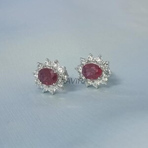 Halo Diamond Earrings, Ruby Stud Earrings, Ruby Earrings, Wedding Diamond Earrings, Bridesmaid Earrings, Oval Earrings, Gifts for Mom