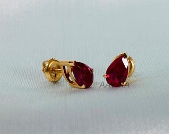 Ruby Stud Earrings: 14K Gold, Sterling Silver, Pear Cut