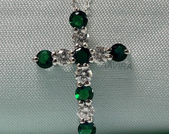 Emerald Cross Necklace: Sterling Silver Diamond Pendant, Cross Gift