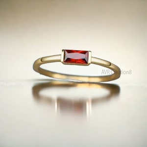 Garnet Ring, Baguette Ring, Garnet Baguette Ring, January Birthstone, 14k Yellow Gold Solitaire Ring, Promise Ring, Gift for Girlfriend