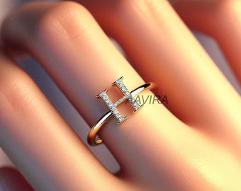 Moissanite Initial Ring: 14k Gold Sterling Silver Pave Letter Ring