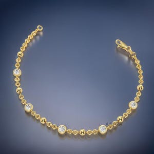 Bezel Set Diamond Bracelet: 14K Gold  Sterling Silver Beaded Bracelet