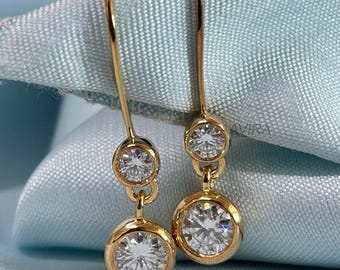 Moissanite Dangle Earrings For Her, Dainty Bridal Earrings, Drop Dangle Earrings, Bezel Set Diamond Earrings, Long Dangle Hook Earrings