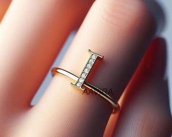 Moissanite Initial Ring: 14K Yellow Gold Sterling Silver Letter Ring