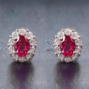 Oval Ruby Stud Earrings, Ruby Stud Earrings, 14K White Gold Diamond Earrings, Push Back Earring, Wedding Earrings for Women, Jewelry Gifts