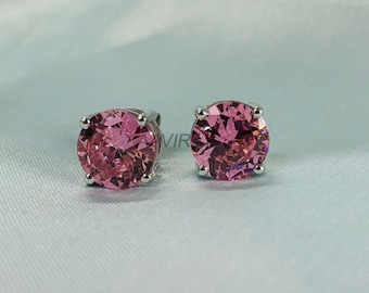 10mm Round Pink Sapphire Stud Earrings, 925 Sterling Silver Prong Set