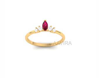 Ruby & Diamond Marquise Ring: 14k Gold Minimalist Stacking Ring