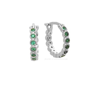 Green Emerald Round Cut Hoop Huggie Earrings, Bezel Set Hoop Earring, May Birthstone Birthday Gifts, 925 Sterling Silver, Earrings For Her
