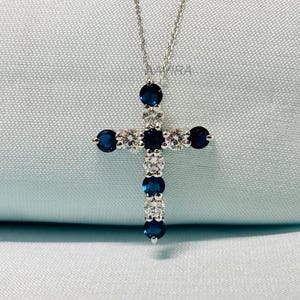Sapphire Diamond Cross Pendant, Cross Necklace, Religious Cross Pendant, Sapphire Cross Pendant, Silver Cross Pendant, September Birthstone