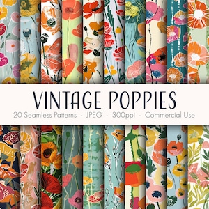 Könnte beinhalten: Ein Set mit 20 digitalen nahtlosen Mustern mit Mohnblumen im Vintage-Stil in verschiedenen Farben und Designs. Die Muster eignen sich perfekt für die Erstellung digitaler und gedruckter Projekte, wie z. B. Stoffe, Tapeten und Schreibwaren.