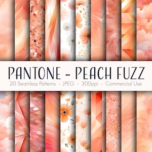 May include: A set of 20 seamless digital paper patterns in peach and coral colors. The patterns feature various designs, including geometric shapes, floral motifs, and abstract textures. The text "PANTONE - PEACH FUZZ" is displayed at the top of the image.