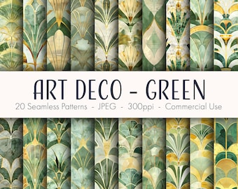 Art Deco Green Seamless Patterns, printable digital paper, commercial use, JPEG format, instant download