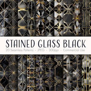 May include: A set of 20 digital seamless patterns featuring geometric designs in black, gold, and white. The patterns are inspired by stained glass and have a modern art deco style.  The patterns are 300ppi and are for commercial use.