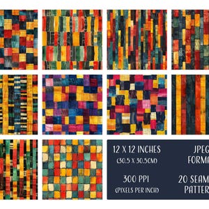 Op de afbeelding: Twintig digitale naadloze patronen in aquarelstijl. De patronen bevatten geometrische vormen in tinten rood, geel, blauw, groen en zwart. De patronen zijn 30,5 cm bij 30,5 cm en 300 pixels per inch.