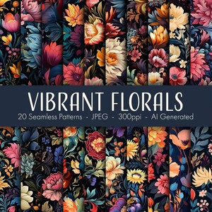 May include: A set of 20 vibrant floral patterns, each featuring a unique combination of colours and intricate designs. The patterns are seamless and can be used for a variety of creative projects, such as fabric printing, wallpaper, and digital design.