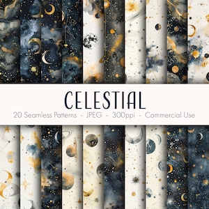 Celestial Seamless Patterns, afdrukbaar digitaal papier, commercieel gebruik, jpeg-indeling, instant download