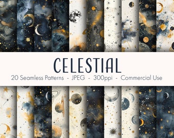 Peut inclure: Collection de 20 motifs célestes sans couture. Les motifs présentent des illustrations à l'aquarelle de lunes, d'étoiles, de planètes et de constellations dans des tons de marine, d'or et de blanc. Le mot "CELESTIAL" est affiché en bleu marine.