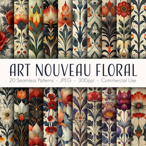 Art Nouveau Floral Seamless Patterns, printable digital paper, commercial use, JPEG format, instant download