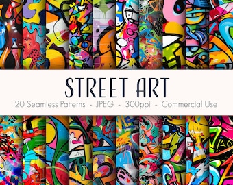 May include: 20 seamless patterns of colorful street art graffiti in a variety of styles. The patterns are perfect for creating unique backgrounds, textures, and designs.