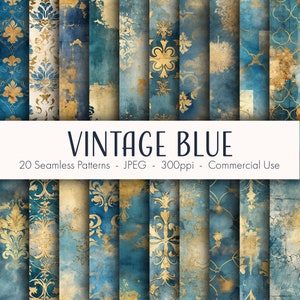 Vintage Blue Seamless Patterns, printable digital paper, instant download, commercial use, JPEG format