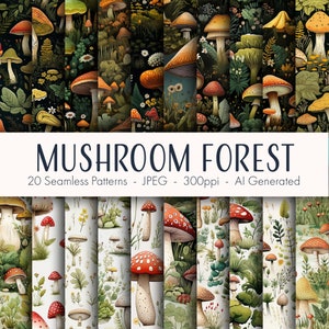 Modèles sans couture de forêt de champignons, papier numérique imprimable, usage commercial, format JPEG, téléchargement immédiat