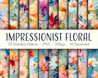Impressionist Floral Seamless Patterns, printable digital paper, instant download, commercial use, scrapbook