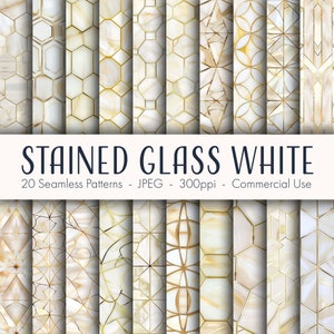 May include: 20 seamless patterns featuring white marble and gold geometric designs.  The patterns are perfect for digital scrapbooking, crafting, and other creative projects.  Stained Glass White - 20 Seamless Patterns - JPEG - 300ppi - Commercial Use