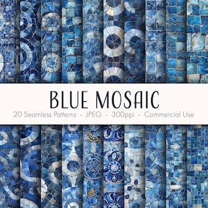 May include: 20 seamless patterns of blue mosaic tile designs. The patterns are in a variety of shapes and sizes, including circles, squares, and rectangles. The tiles are made of a variety of materials, including glass, ceramic, and stone. The patterns are perfect for use in a variety of projects, including scrapbooking, card making, and home decor.