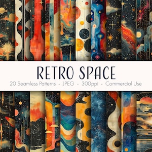 May include: 20 seamless retro space patterns in a digital download. The patterns feature a variety of colours, including blue, orange, yellow, and red. The patterns are perfect for use in digital and print projects.