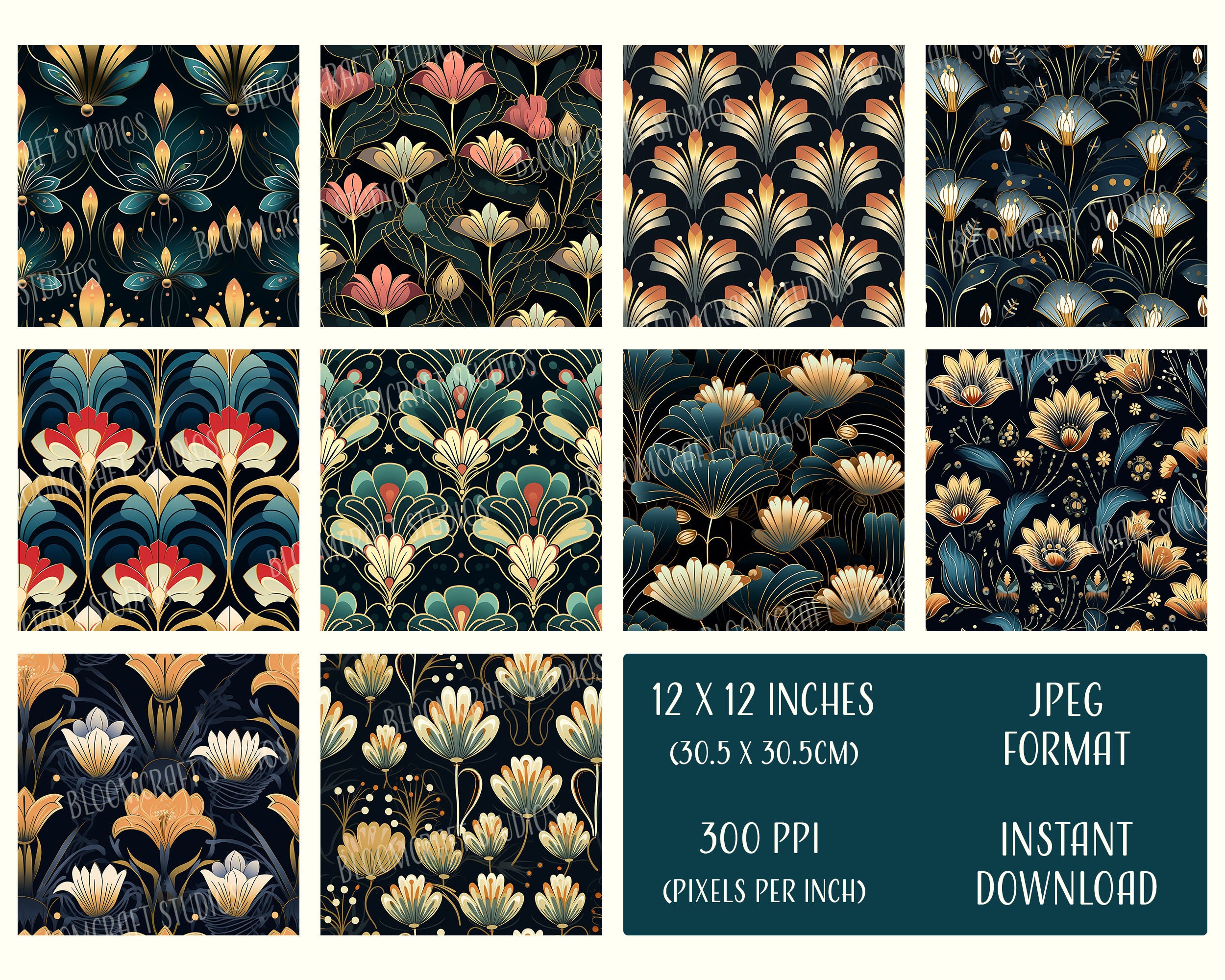Art Deco Floral Seamless Patterns, Printable Digital Paper, Instant ...