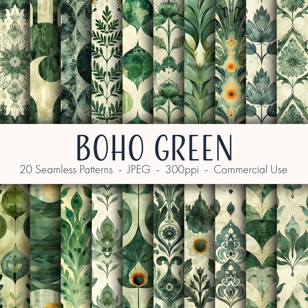 Boho Green Seamless Patterns, Printable Digital Paper, Commercial Use ...