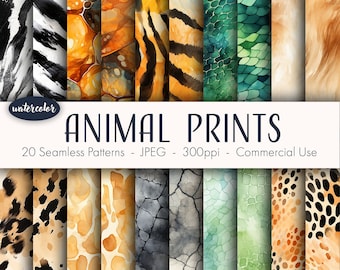 Animal Print Seamless Patterns, printable digital paper, instant download, commercial use, JPEG format, watercolor