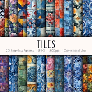 May include: A set of 20 seamless patterns featuring colorful tile designs. The tiles are blue, green, yellow, red, and white with floral and geometric patterns. The patterns are perfect for creating backgrounds, scrapbooking, and other craft projects.