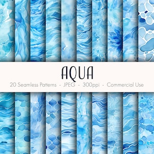 Aqua sömlösa mönster, utskrivbart digitalt papper, kommersiellt bruk, JPEG-format, omedelbar nedladdning