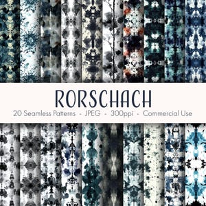 May include: A set of 20 digital seamless patterns featuring abstract ink blots in shades of blue, black, and white. The patterns are perfect for creating unique backgrounds, textiles, and other creative projects.  Rorschach - 20 Seamless Patterns - JPEG - 300ppi - Commercial Use